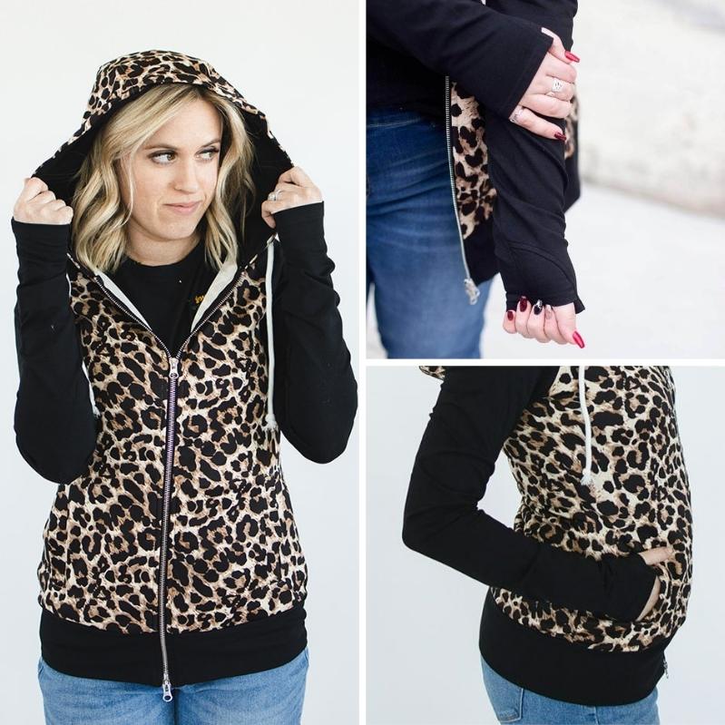 Gallery detail view Cat Walk Leopard Womens Full zip Leopard Print with black sleeve and accents collage details, extra large hood, double zipper, - 7degrees