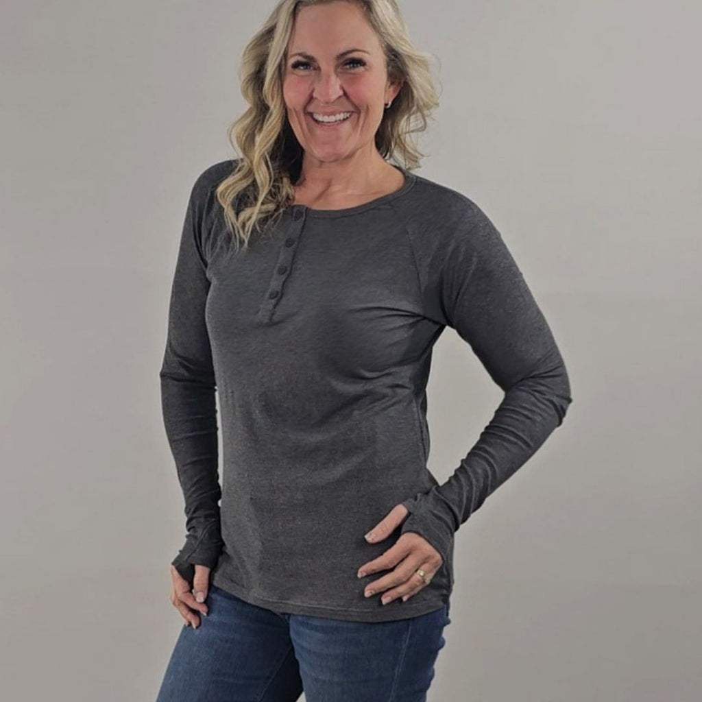 Dark Grey Ribbed Long Sleeve Henley - Shop7degrees