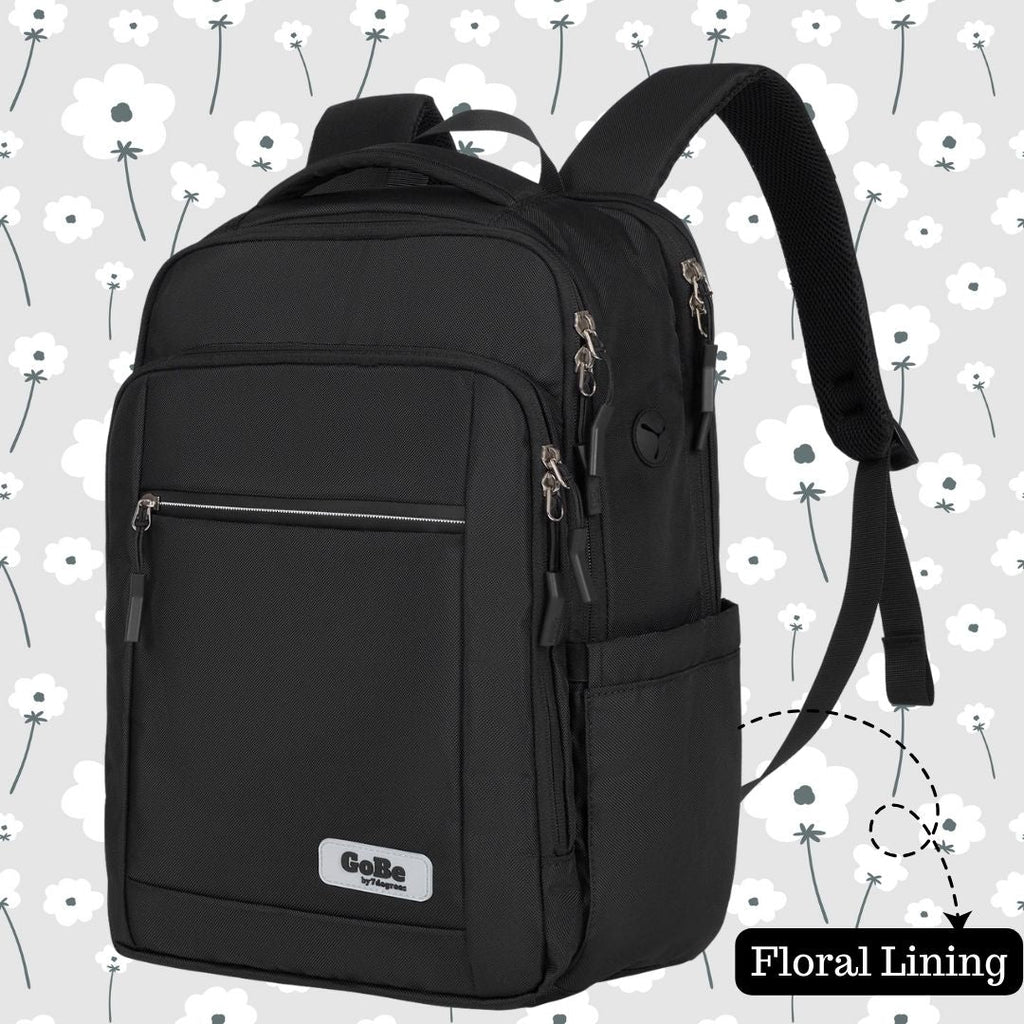 Gobe Backpack Black with Floral lining - stylish and functional travel bag for women or teens. Laptop bag for travel, work, or school, 12 pockets, large main compartment for books and folders.