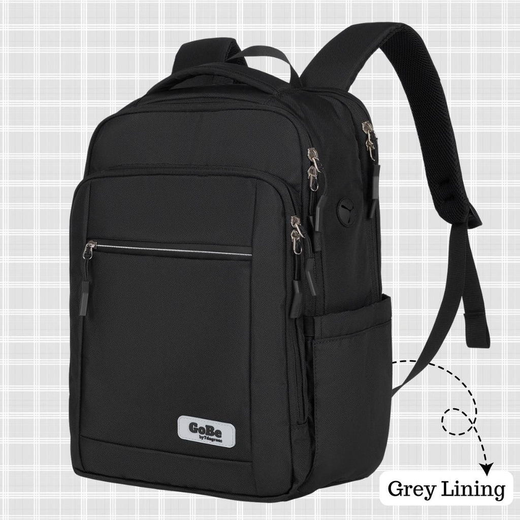 Go-Be Backpack Sleek black backpack with grey interior and  expandable side pockets for water bottles up to 40oz. Ergonomic washable stylish laptop travel backpack with wide shoulder straps for extra comfort for men and women