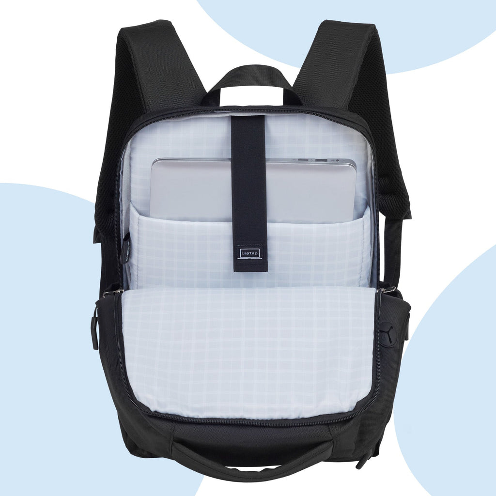 Go-Be Backpack Black with Light Grey interior. Light-colored backpack lining makes it easy to find items inside. Spacious backpack with padded laptop sleeve for 15-17 inch laptops. Ergonomic laptop backpack with padded straps and breathable mesh for women or men. Sturdy zippers go down half way for easy access to contents.