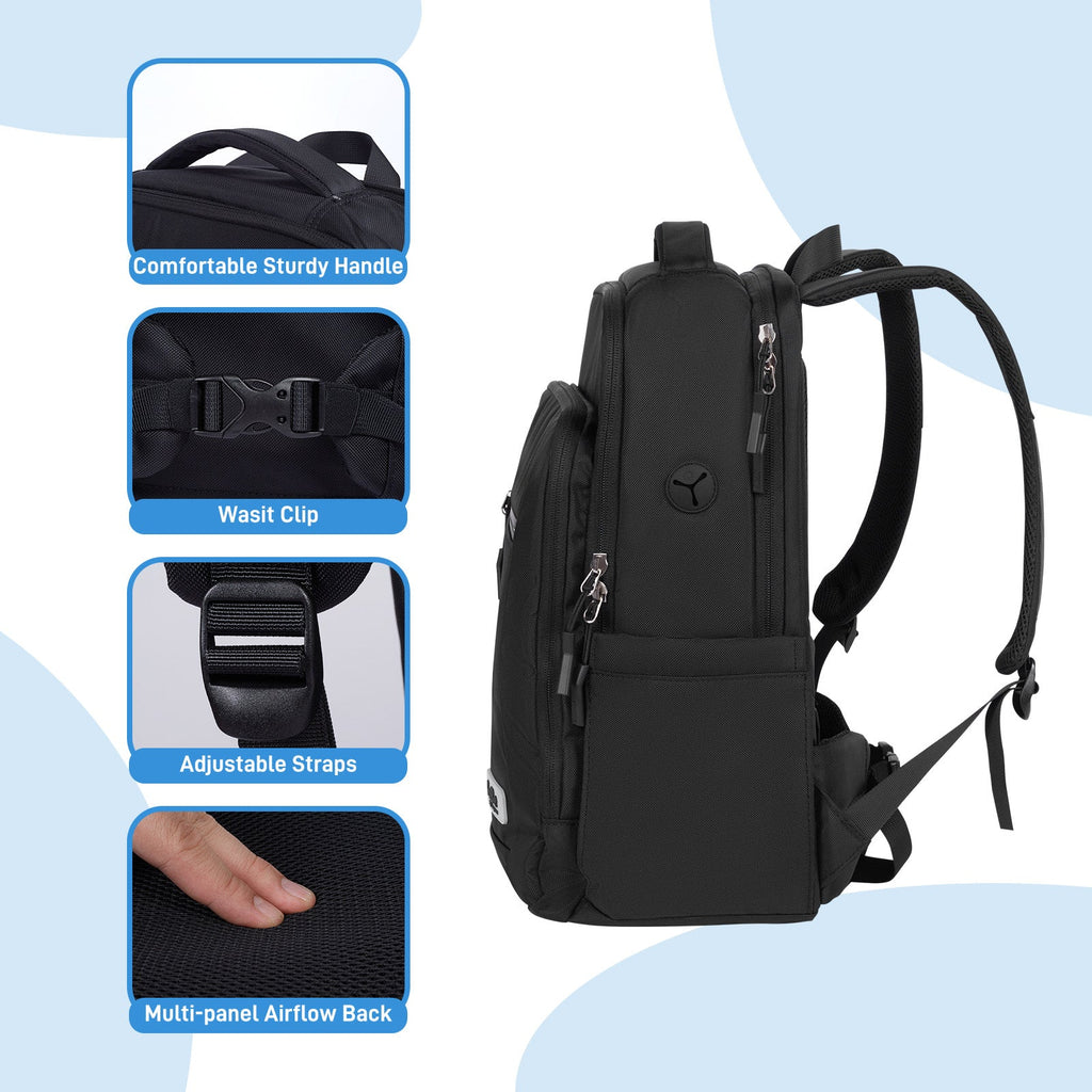 Go-Be Backpack Black with light Interior. Ergonomic laptop backpack with padded straps, sturdy handles and breathable mesh. Adjustable hip belt distributes weight off shoulders for better support.