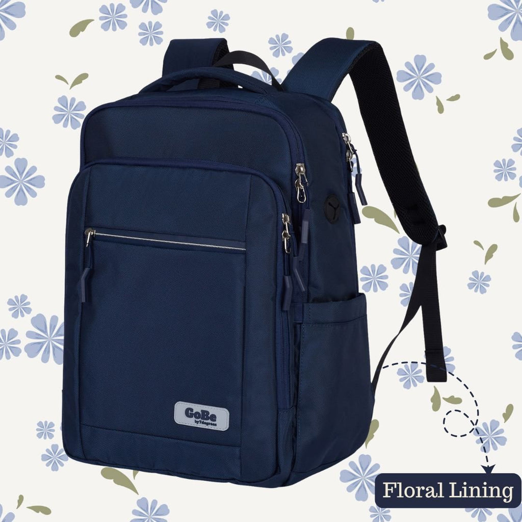 Go-Be Backpack Navy with Floral lining - stylish and functional travel bag for women or teens. Laptop bag for travel, work, or school, 12 pockets, large main compartment for books and folders.