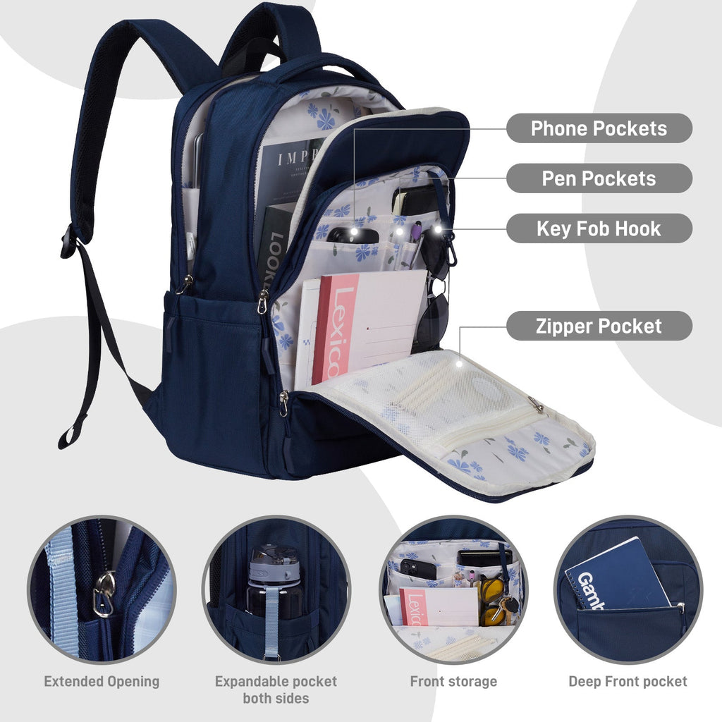 Go-Be Backpack Navy with blue Floral Interior - Deep front accessory pocket with multiple compartments for easy organization. Featured compartments: phone pockets, pen pockets, key fob hook, zipper mesh pocket, separate laptop padded pocket, extended opening, expanded pockets on both sides, front storage pocket for easy access.