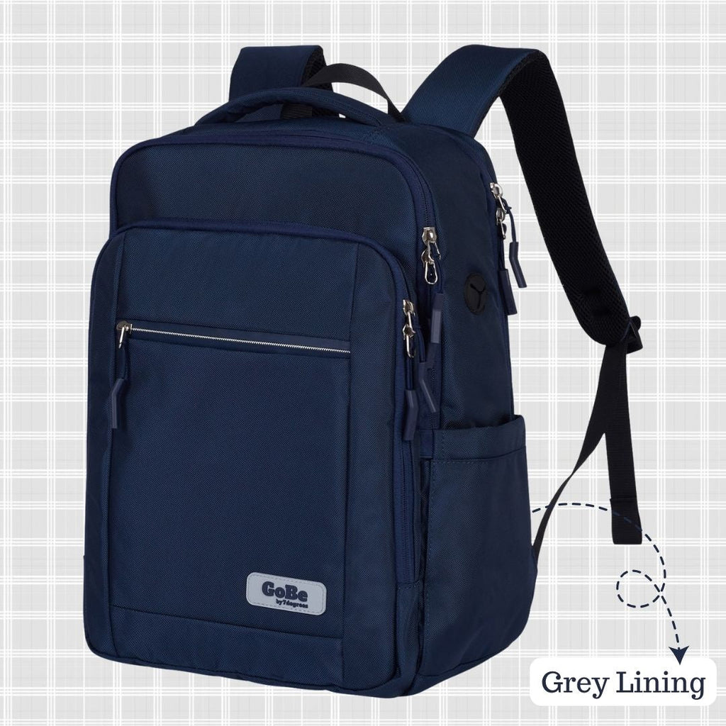 Gobe Backpack Navy Grey lining - stylish and functional travel bag for women or teens. Laptop bag for travel, work, or school, 12 pockets, large main compartment for books and folders.