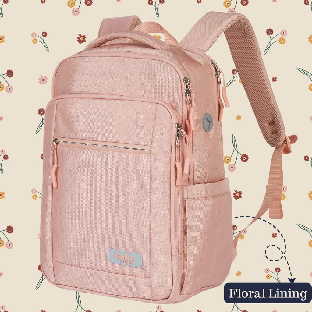 Go-Be Backpack Pink with Floral lining - stylish and functional travel bag for women or teens. Laptop bag for travel, work, or school, 12 pockets, large main compartment for books and folders.