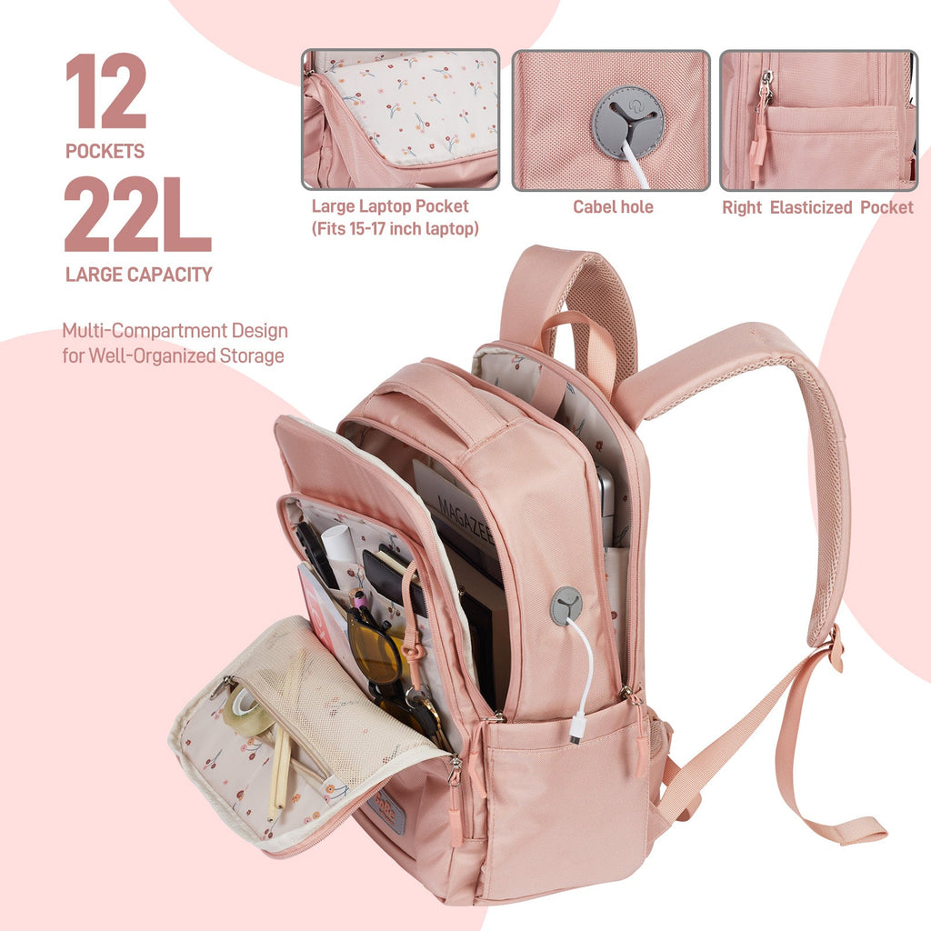 Go-Be Backpack Pink with pretty Floral Interior - Multi-Compartment 12 pocket design for well-organized storage. Large capacity 22L Ergonomic laptop backpack with padded straps and breathable mesh. Built-in cable hole for easy phone charging or headphone access.