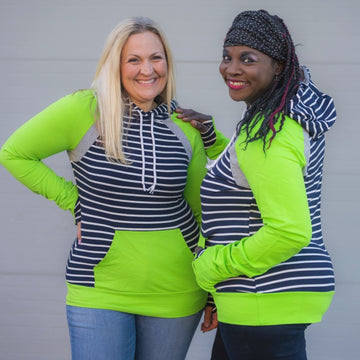 Seattle Pullover Video, bright green womens pullover hoodie, dark blue and white stripe accents, longer body, longer sleeves with comfortable thumbholes, womens casual fashion pullover hoodie - 7degrees