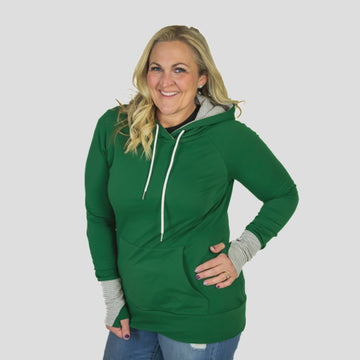 Jenny Womens Pullover Video, Forest green with grey accents, medium weight terry knit, womens long sleeve with thumbholes pullover, kangaroo front pocket - Shop7degrees