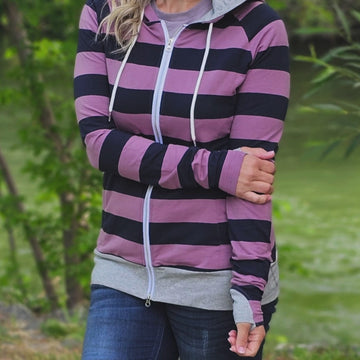 Toula Purple Full zip Single image video view, purple and blue striped womens hoodie, longer body, longer sleeves, accent comfortable thumbholes, grey accent, streetwear womens clothing, plus size womens clothing - Shop7degrees