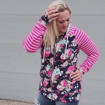 Isabel Blue Floral Woman's Full zip Hoodie video, pink and white stripe sleeve navy floral with mint accents, long sleeve womens hoodie- 7degrees