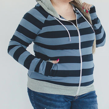 Toula Blue detail view video, blue and navy blue striped womens fashion hoodie, two way zipper, comfortable thumbholes, plus size, womens clothing