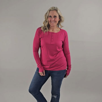 Raspberry Ribbed Long Sleeve Henley - Shop7degrees