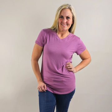 V - Neck Amethyst T-Shirt - Shop7degrees micro ribbed v-neck semi-fitted, longer length shirt

