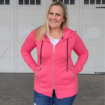 Coralee Womens Full zip Hoodie Pink with black accent string, double zipper,  long sleeve with comfortable thumbholes, Shown in Large - 7degrees