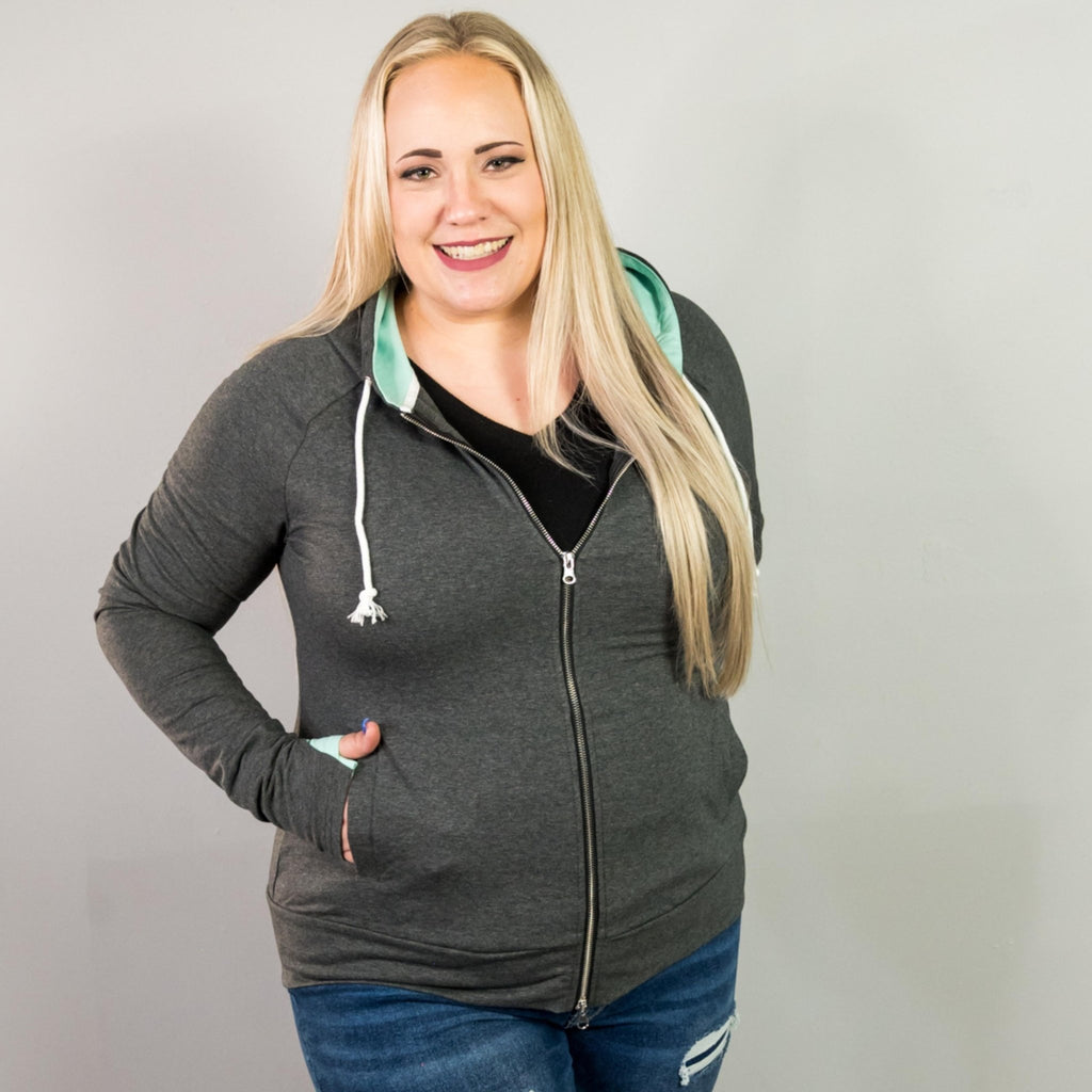 Lindee Grey Full Zip Womens hoodie, Grey with mint accents, long sleeves with thumbholes, double zipper, plus size womens fashion - Shown in 2X Shop7degrees